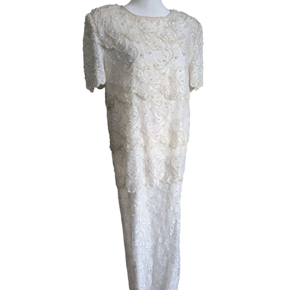 Vtg Scala White Lace Beaded Long Evening Gown Wedding Dress Women 14 plus